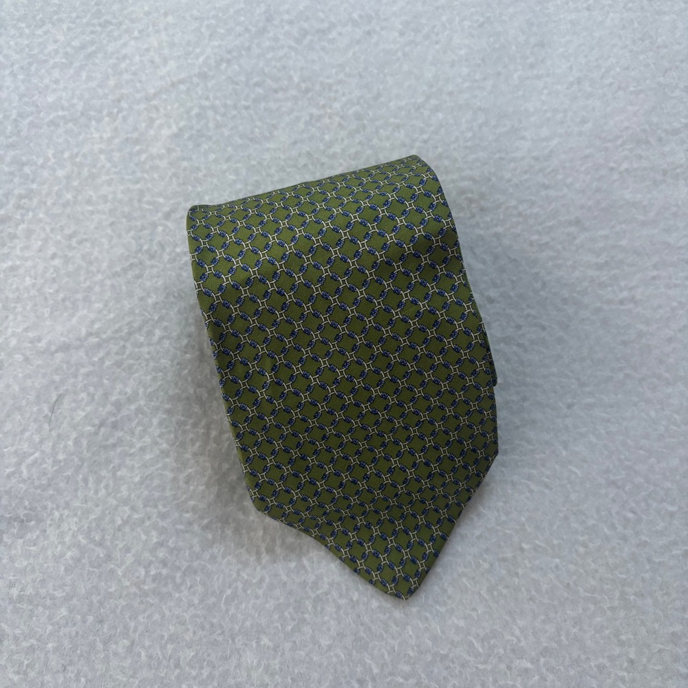 Brooks Brothers Basics Mens Silk Tie Green Blue Geometric Chain Link USA Made